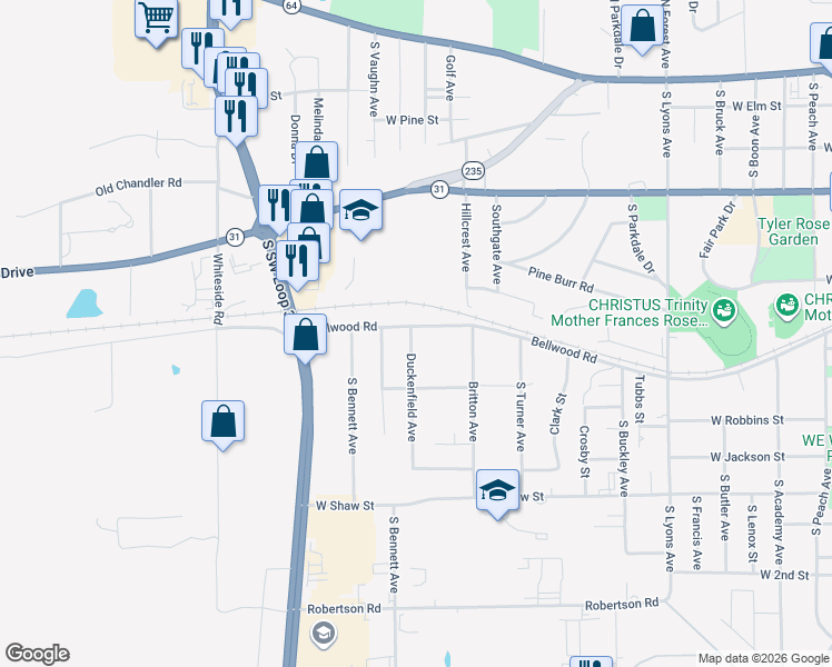 map of restaurants, bars, coffee shops, grocery stores, and more near 702 Duckenfield Avenue in Tyler