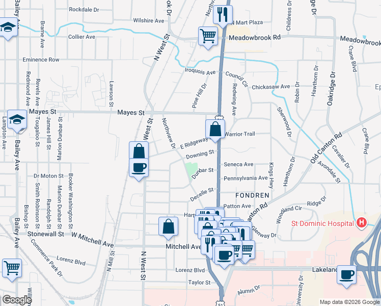 map of restaurants, bars, coffee shops, grocery stores, and more near 405 Downing Street in Jackson