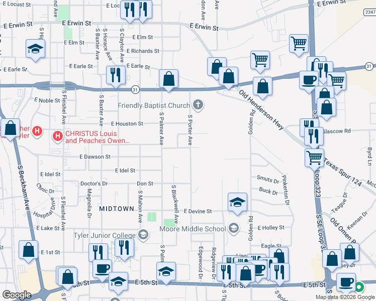 map of restaurants, bars, coffee shops, grocery stores, and more near 725 South Porter Avenue in Tyler