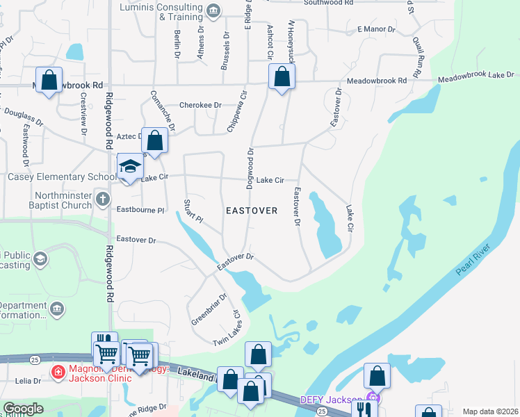 map of restaurants, bars, coffee shops, grocery stores, and more near 3978 Dogwood Drive in Jackson