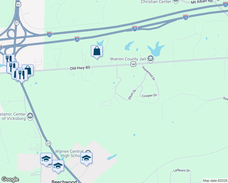 map of restaurants, bars, coffee shops, grocery stores, and more near 306 Rancho Road in Vicksburg