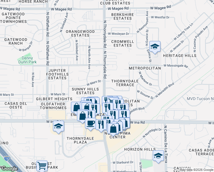 map of restaurants, bars, coffee shops, grocery stores, and more near 3781 West Meadow Briar Drive in Tucson