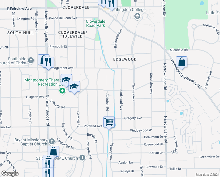map of restaurants, bars, coffee shops, grocery stores, and more near 1002 Augusta Avenue in Montgomery