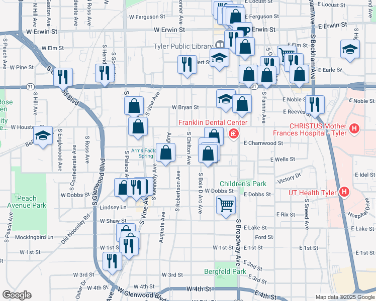 map of restaurants, bars, coffee shops, grocery stores, and more near 727 South Chilton Avenue in Tyler