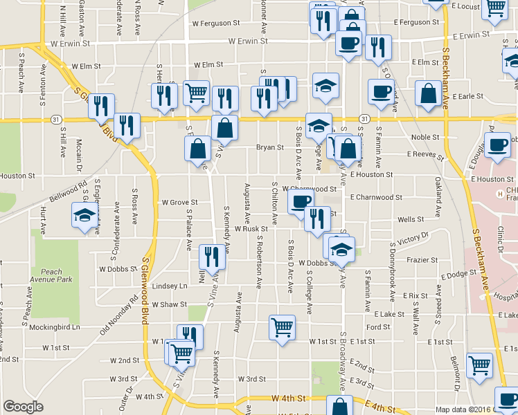 map of restaurants, bars, coffee shops, grocery stores, and more near 727 South Chilton Avenue in Tyler
