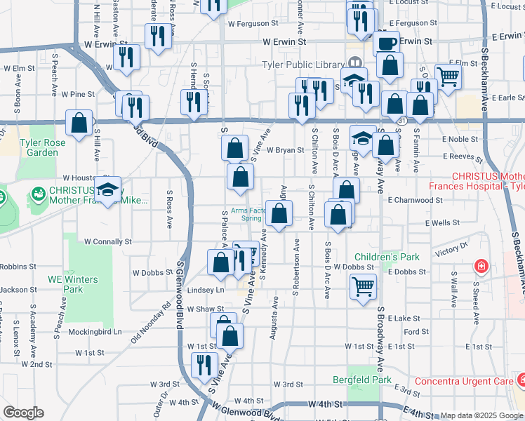 map of restaurants, bars, coffee shops, grocery stores, and more near 720 South Vine Avenue in Tyler