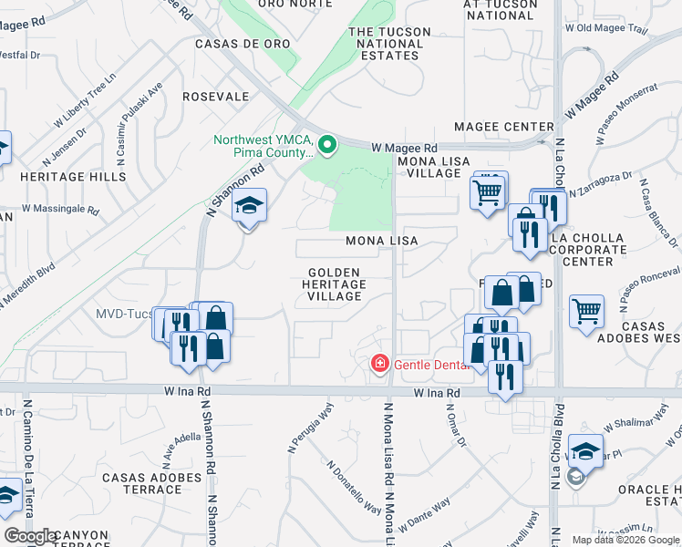map of restaurants, bars, coffee shops, grocery stores, and more near 2581 West Crown King Drive in Tucson