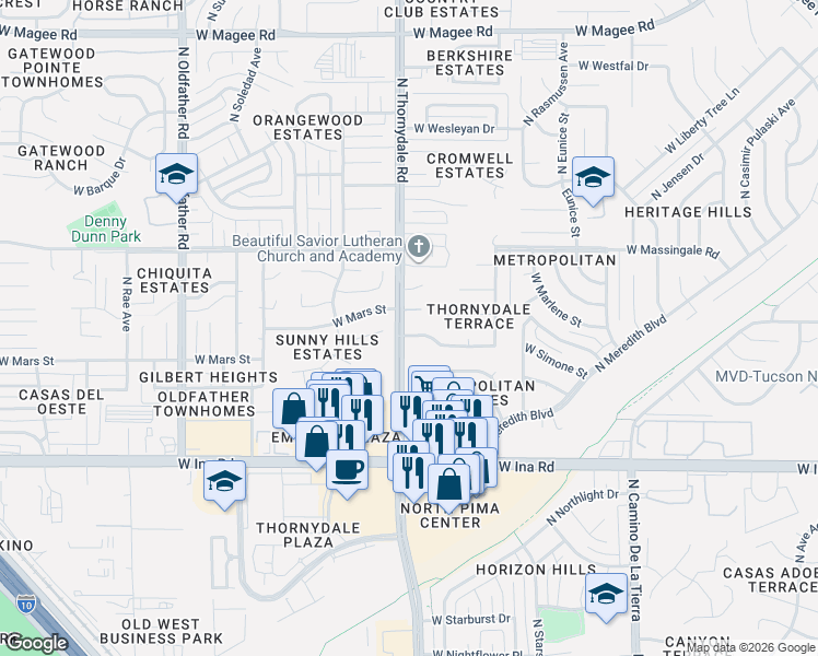 map of restaurants, bars, coffee shops, grocery stores, and more near 3781 West Meadow Briar Drive in Tucson