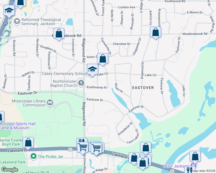 map of restaurants, bars, coffee shops, grocery stores, and more near 3909 Restbrook Place in Jackson