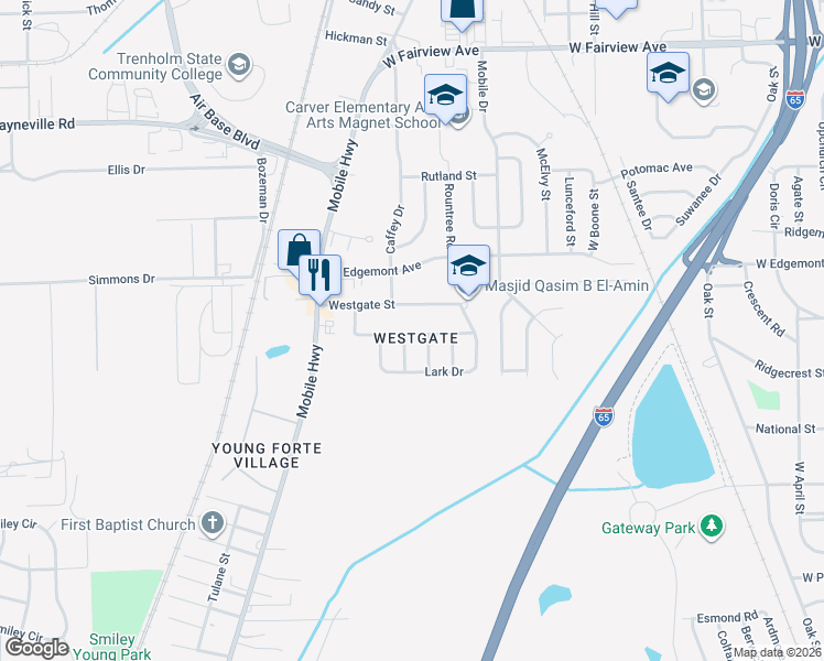 map of restaurants, bars, coffee shops, grocery stores, and more near 3407 Dennis Avenue in Montgomery