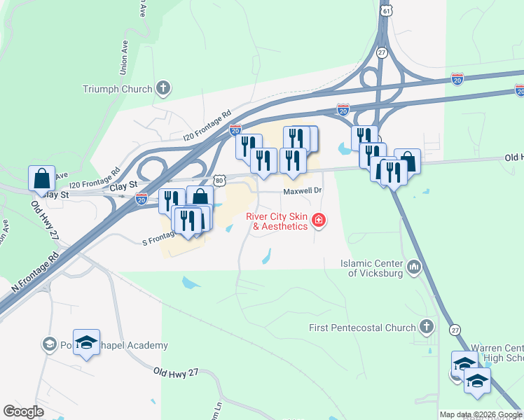 map of restaurants, bars, coffee shops, grocery stores, and more near 151 Berryman Road in Vicksburg