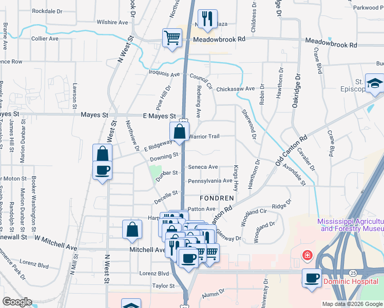 map of restaurants, bars, coffee shops, grocery stores, and more near 520 Woodland Hills Place in Jackson