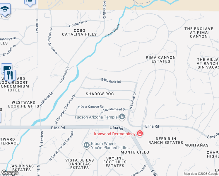 map of restaurants, bars, coffee shops, grocery stores, and more near 1502 East Moonridge Road in Tucson