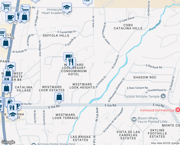 map of restaurants, bars, coffee shops, grocery stores, and more near 7441 North Avenida De Lisa in Tucson