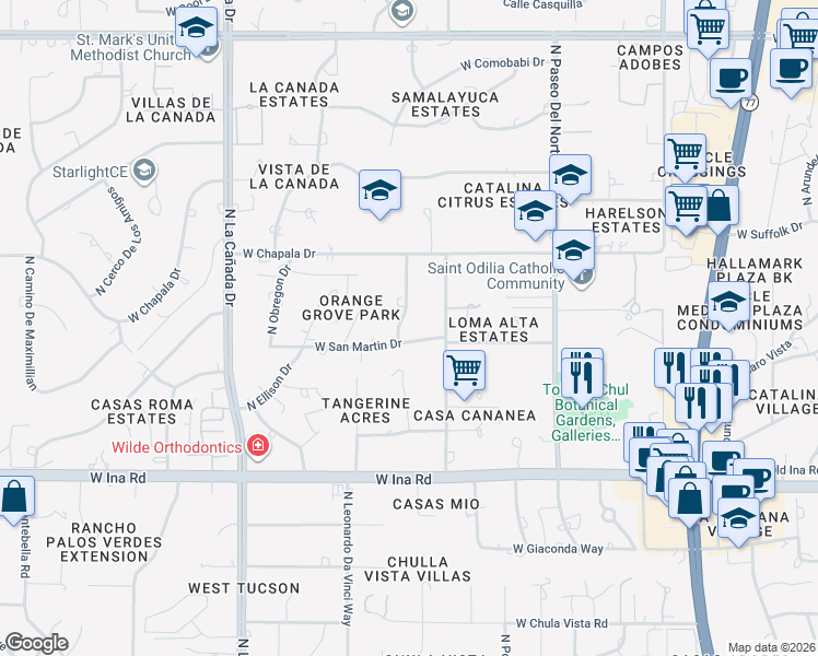 map of restaurants, bars, coffee shops, grocery stores, and more near 1015 West San Martin Drive in Tucson