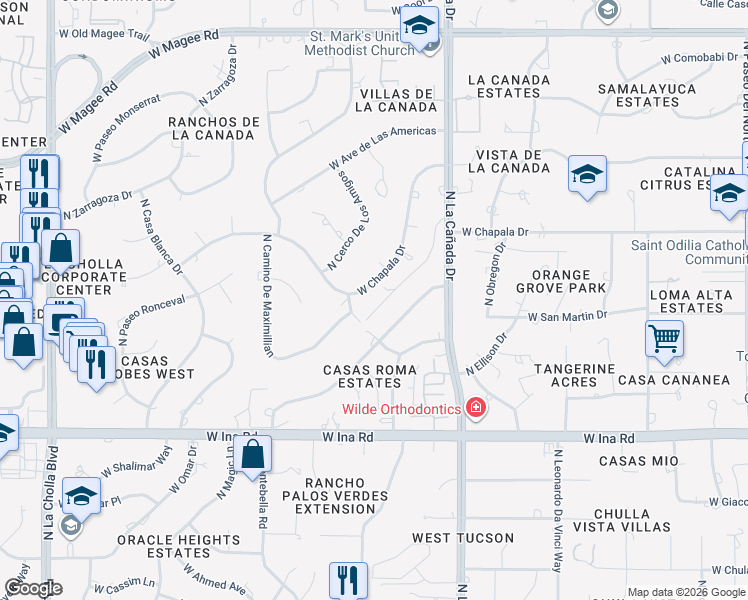 map of restaurants, bars, coffee shops, grocery stores, and more near 7419 North San Anna Drive in Tucson