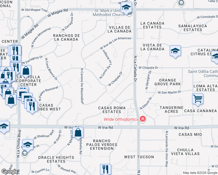 map of restaurants, bars, coffee shops, grocery stores, and more near 1605 West Camino De Maximillian in Tucson