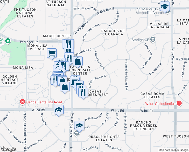 map of restaurants, bars, coffee shops, grocery stores, and more near 7416 North Paseo Ronceval in Tucson