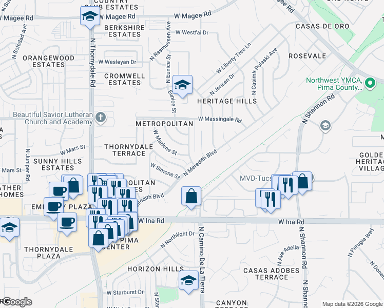 map of restaurants, bars, coffee shops, grocery stores, and more near 7429 North Oliver Avenue in Tucson