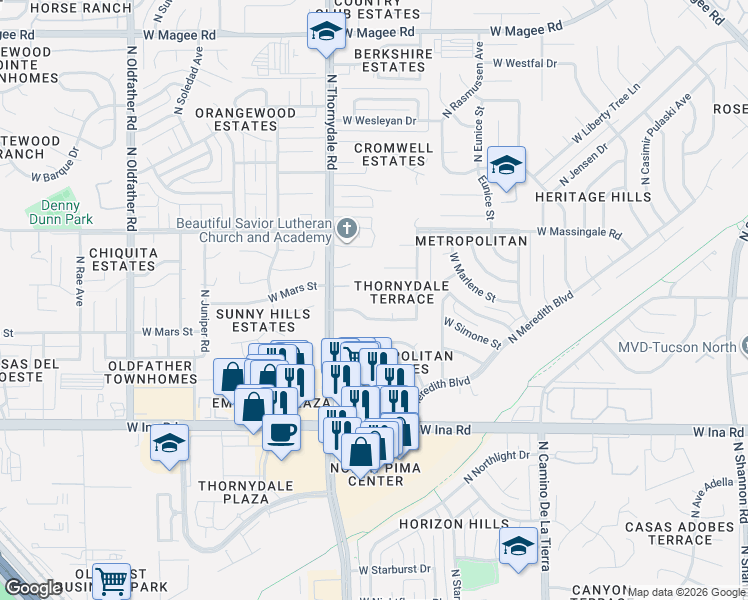 map of restaurants, bars, coffee shops, grocery stores, and more near 3696 West Meadow Briar Drive in Tucson