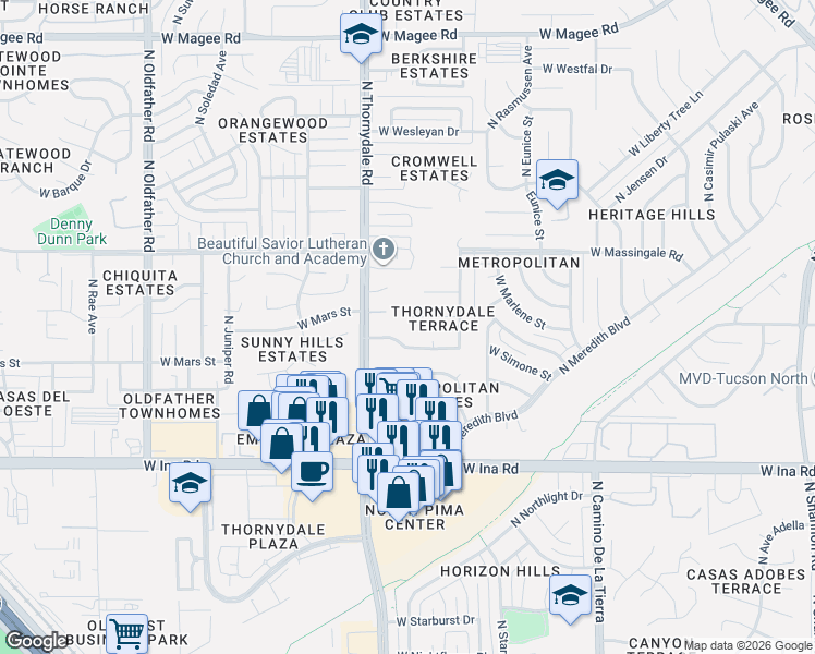 map of restaurants, bars, coffee shops, grocery stores, and more near 3696 West Meadow Briar Drive in Tucson