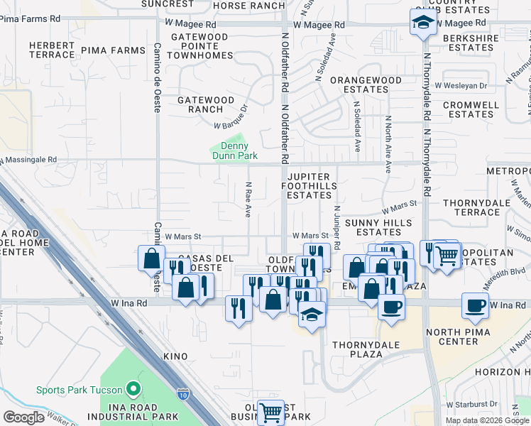 map of restaurants, bars, coffee shops, grocery stores, and more near 7420 North Bogert Place in Tucson