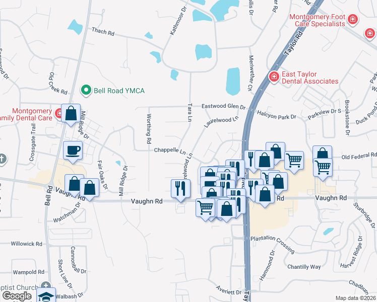 map of restaurants, bars, coffee shops, grocery stores, and more near 1701 Laurelwood Lane in Montgomery