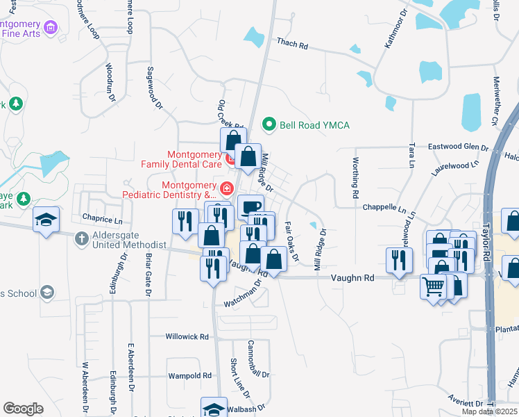 map of restaurants, bars, coffee shops, grocery stores, and more near 2667 Queens Hollow Court in Montgomery