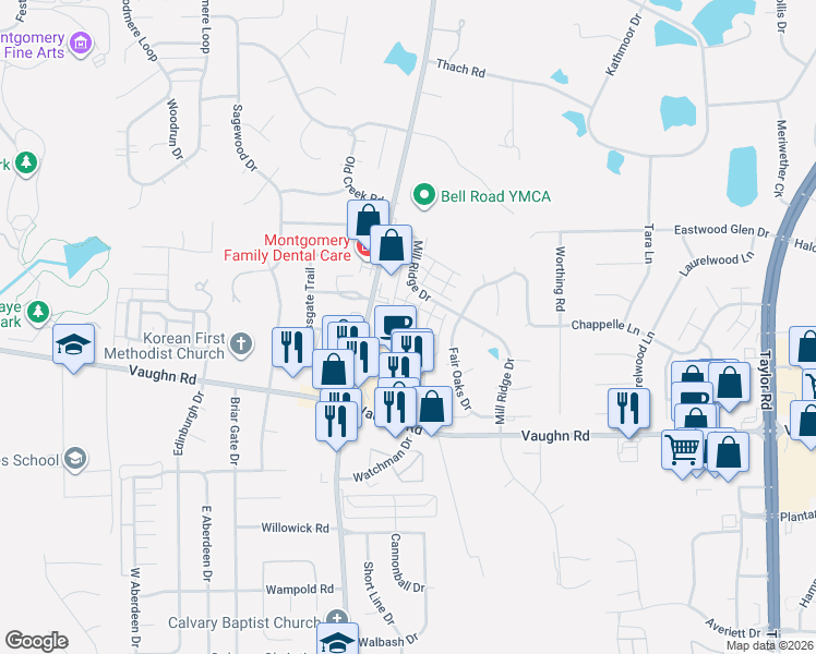 map of restaurants, bars, coffee shops, grocery stores, and more near 2667 Queens Hollow Court in Montgomery