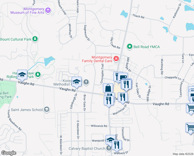 map of restaurants, bars, coffee shops, grocery stores, and more near 2640 Old Orchard Lane in Montgomery