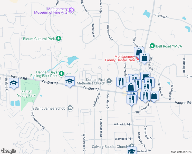 map of restaurants, bars, coffee shops, grocery stores, and more near 6672 Chaprice Lane in Montgomery