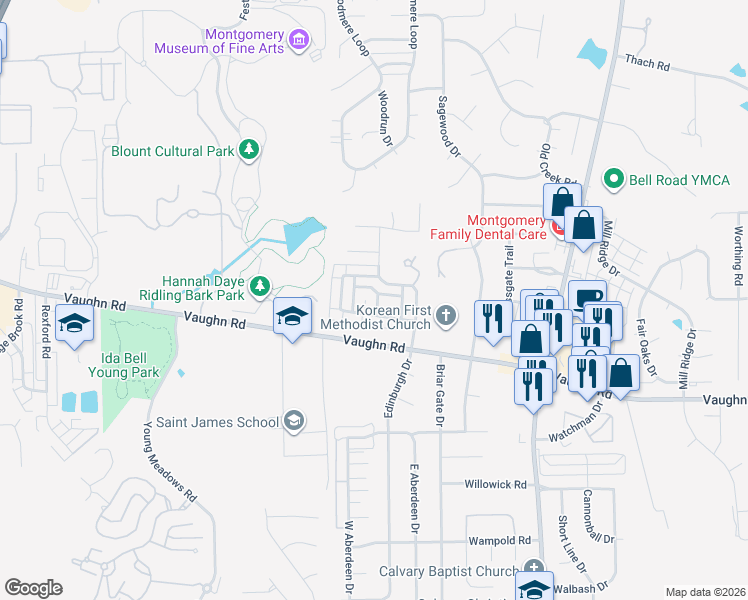 map of restaurants, bars, coffee shops, grocery stores, and more near 6608 Chaprice Lane in Montgomery