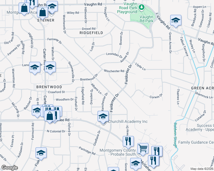 map of restaurants, bars, coffee shops, grocery stores, and more near 3356 Fernway Drive in Montgomery