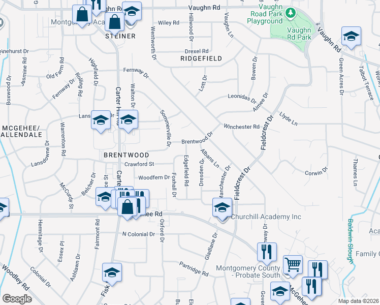 map of restaurants, bars, coffee shops, grocery stores, and more near 3310-3316 Dresden Drive in Montgomery