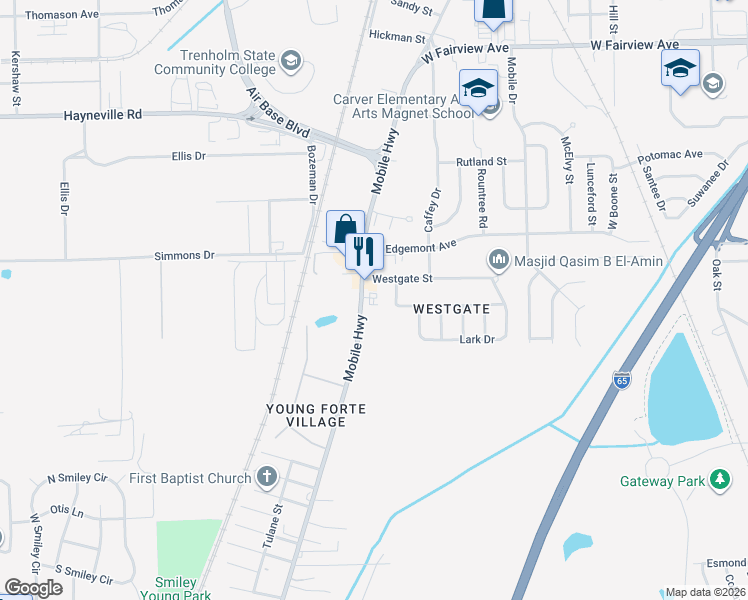 map of restaurants, bars, coffee shops, grocery stores, and more near 3420-3438 Mobile Hwy in Montgomery