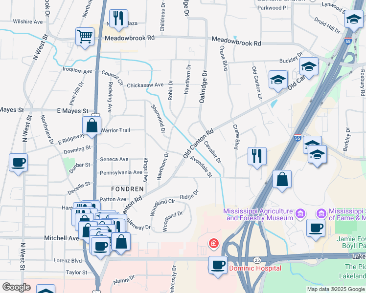 map of restaurants, bars, coffee shops, grocery stores, and more near 3711 Old Canton Road in Jackson
