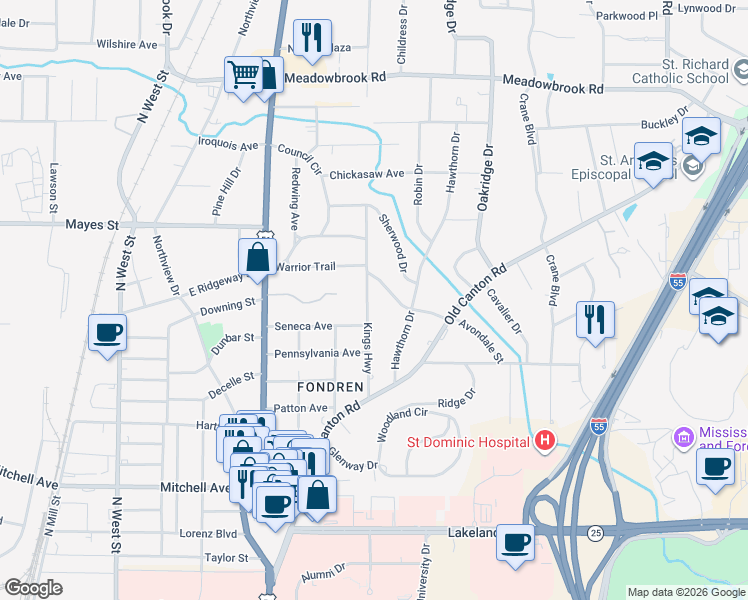 map of restaurants, bars, coffee shops, grocery stores, and more near 3714 Kings Highway in Jackson