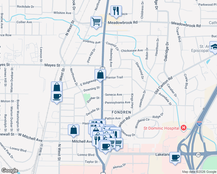 map of restaurants, bars, coffee shops, grocery stores, and more near 3718 North State Street in Jackson