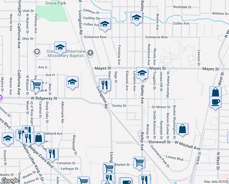 map of restaurants, bars, coffee shops, grocery stores, and more near 1206 West Ridgeway Street in Jackson
