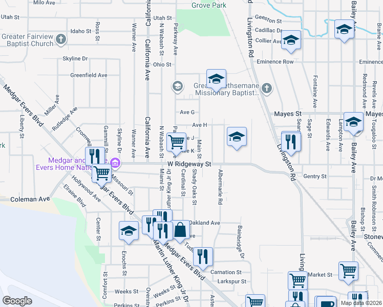 map of restaurants, bars, coffee shops, grocery stores, and more near 1852 West Ridgeway Street in Jackson