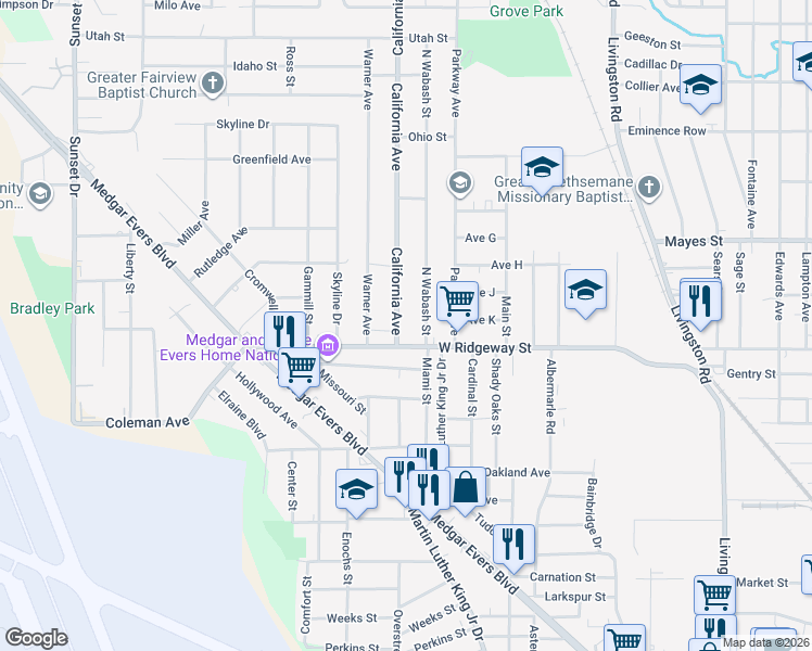 map of restaurants, bars, coffee shops, grocery stores, and more near 2024 West Ridgeway Street in Jackson