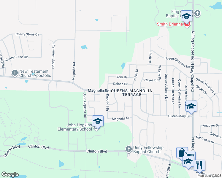 map of restaurants, bars, coffee shops, grocery stores, and more near 446 Knob Hill Drive in Jackson