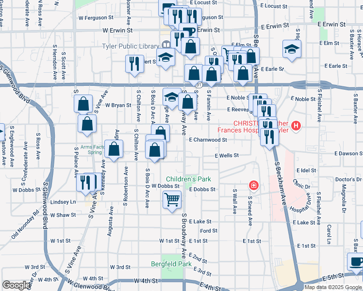 map of restaurants, bars, coffee shops, grocery stores, and more near 723 South Broadway Avenue in Tyler