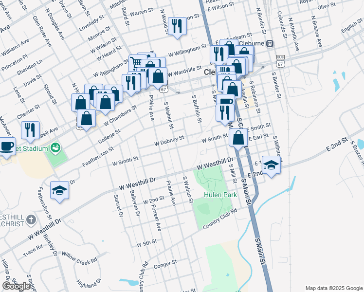map of restaurants, bars, coffee shops, grocery stores, and more near 504 South Walnut Street in Cleburne