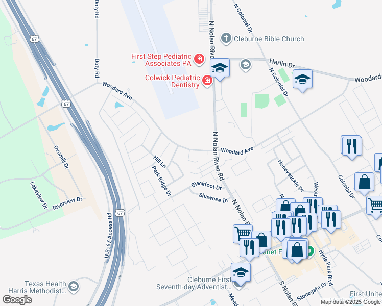 map of restaurants, bars, coffee shops, grocery stores, and more near 701 Miracle Lane in Cleburne