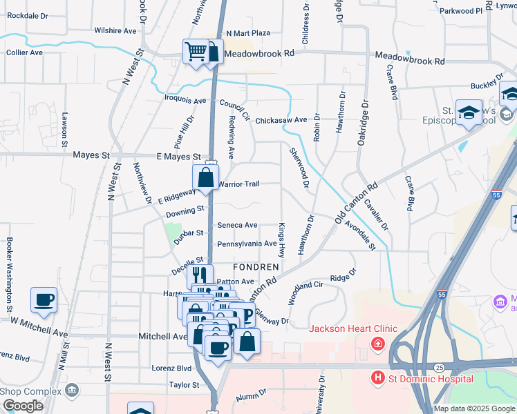 map of restaurants, bars, coffee shops, grocery stores, and more near 579 Woodland Hills Place in Jackson