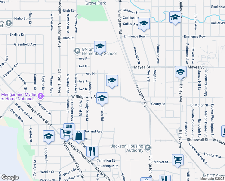 map of restaurants, bars, coffee shops, grocery stores, and more near 1580 W Ridgeway St in Jackson