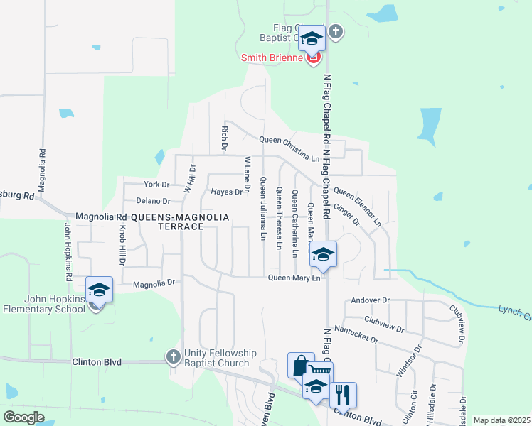 map of restaurants, bars, coffee shops, grocery stores, and more near 5380 Queen Esther Lane in Jackson