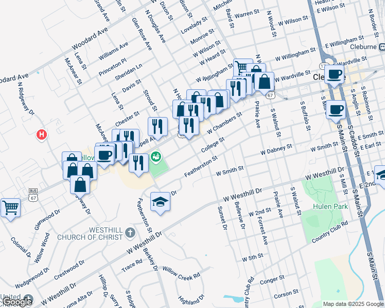 map of restaurants, bars, coffee shops, grocery stores, and more near 804 Featherston Street in Cleburne