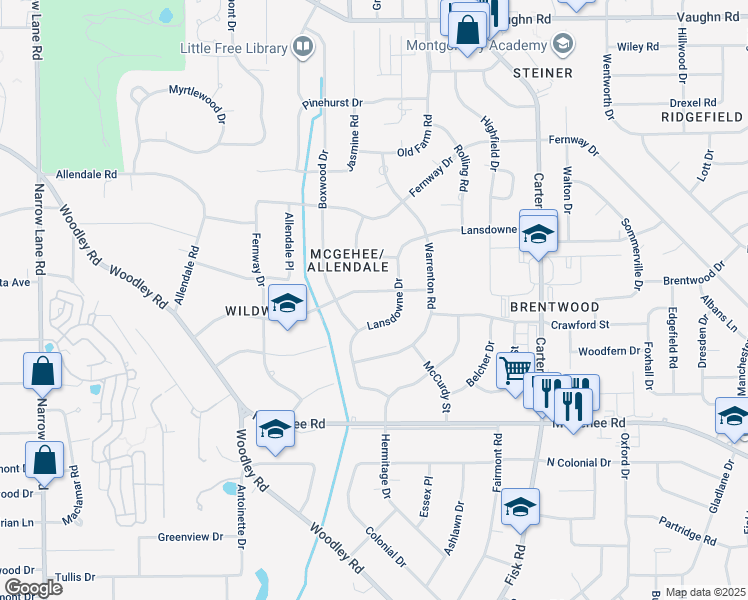 map of restaurants, bars, coffee shops, grocery stores, and more near 3436-3444 Lansdowne Drive in Montgomery